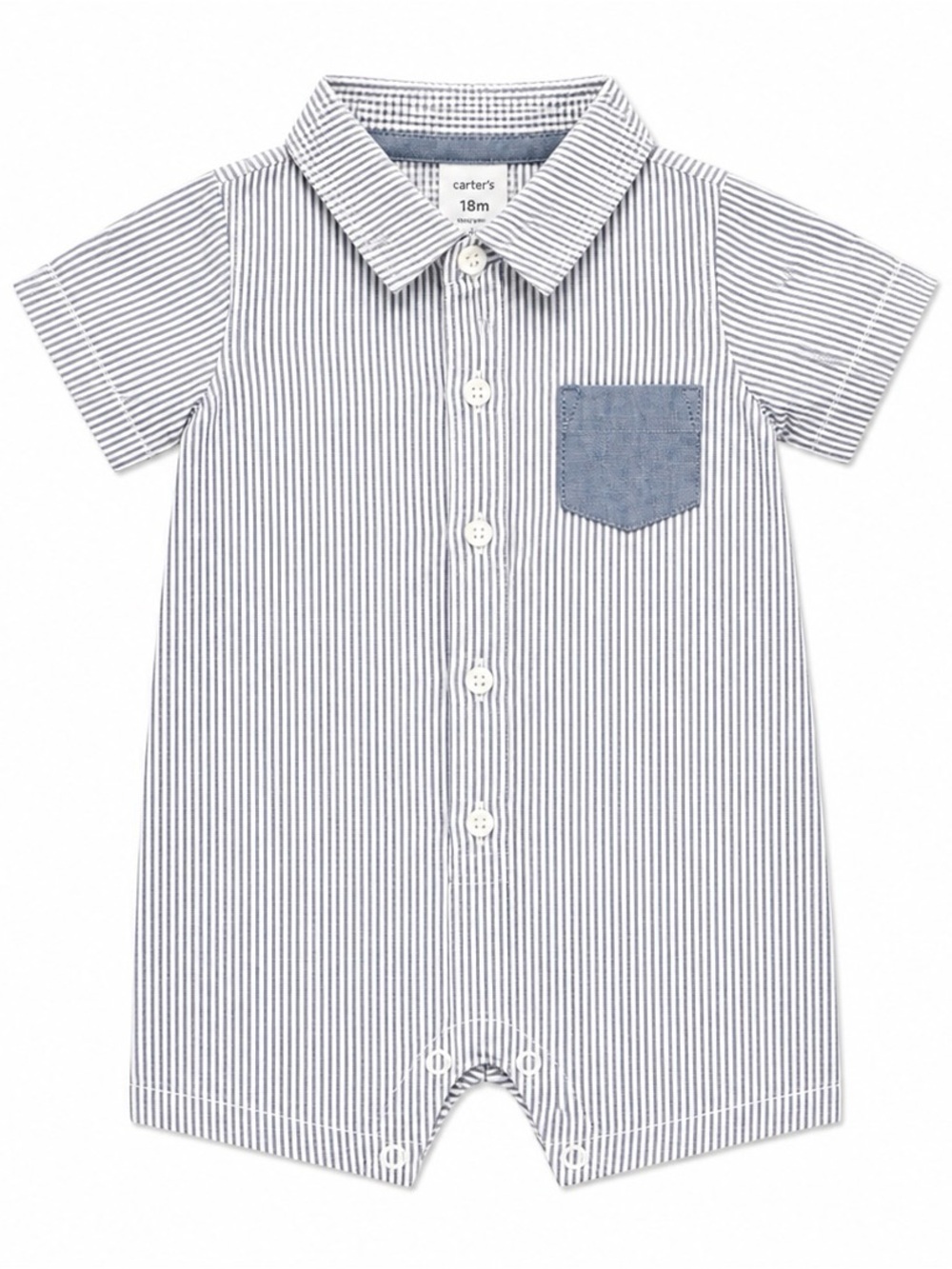 Carter’s 18M Boys Button Front Romper Dusty Blue Stripe Summer Outfit Cotton EUC
